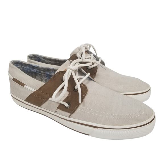 Tommy Bahama Mens Stripes Asunder TB7F10147 Tan Beige Canvas Deck Boat Shoe 10D - Picture 1 of 9